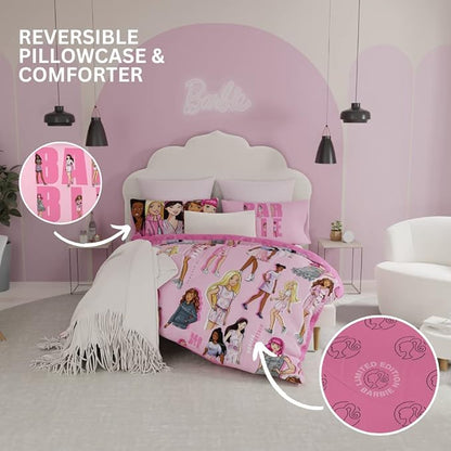 Franco Barbie Barbiecore Bedding Super Soft Comforter and Sheet Set with Sham, 7 Piece Full Size, (Official Licensed Product)