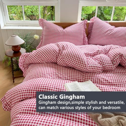 NSNLGSGC Red Gingham Ruffle Queen Duvet Cover