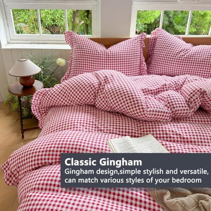 NSNLGSGC Red Gingham Ruffle Queen Duvet Cover