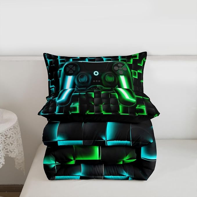 Erosebridal Gaming Queen Comforter Set for Boys Kids Gamer Bedding Sets 3D Geometric Ombre Gamepad Bed Comforter Set for Teen Men Neon Lights Video Game Quilt Duvet Soft Lightweight for All Season