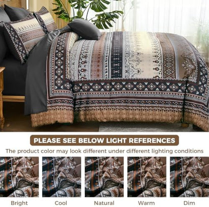 Boho Comforter Set Full Size,8 Pieces Brown Black Striped Bedding Set