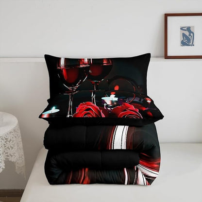 Erosebridal 3D Rose Wine Glass Bedding Sets King Girls Romantic Eiffel Tower Comforter Women Floral Fruit Quilt Red Black Flower Bedding Quilted Soft Microfiber Down Comforter with 2 Pillowcases,Gray