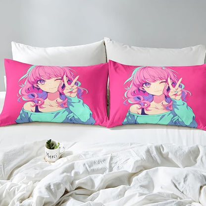 Japanese Anime Bedding Set 3D Anime Girl Fitted Sheet, Kawaii Japanese Style Bed Sheets Cartoon Uniform Girl Sheets Hot Pink Room Decor, Queen 3Pcs, 1 Fitted Sheet 2 Pillowcases (No Top Sheet)