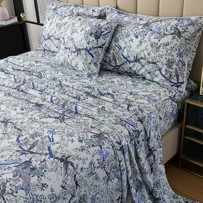 FADFAY Sheets Set King Botanical Bird Floral Bed Sheets Set Vintage Blue Farmhouse Bedding Shabby Branches Bedding Collections 100% Egyptian Cotton Breathable Soft 17.7" Deep Pocket 4Pcs, King Size