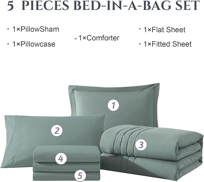 Monbix Twin XL Size Comforter Set - Extra Long 5 Pieces Dorm Bedding Sets, Quilting Design Fluffy Bed in a Bag Twin XL with Sheets, Pillowcase & Sham (Sage Green)