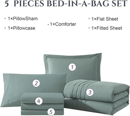 Monbix Twin XL Size Comforter Set - Extra Long 5 Pieces Dorm Bedding Sets, Quilting Design Fluffy Bed in a Bag Twin XL with Sheets, Pillowcase & Sham (Sage Green)
