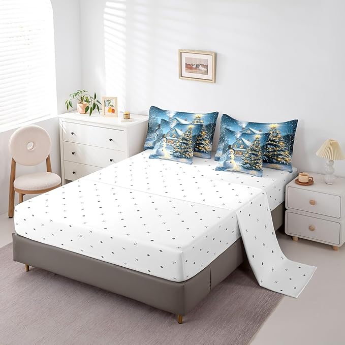 Christmas Night Full Comforter Set with Sheets Bed in a Bag 7 Pcs,Cartoon Xmas Snowman Winter Snow Bed Set,Farmhouse Style Bedding Sets with Comforter,Flat,Fitted Sheet,Pillowcases,Pillow Covers
