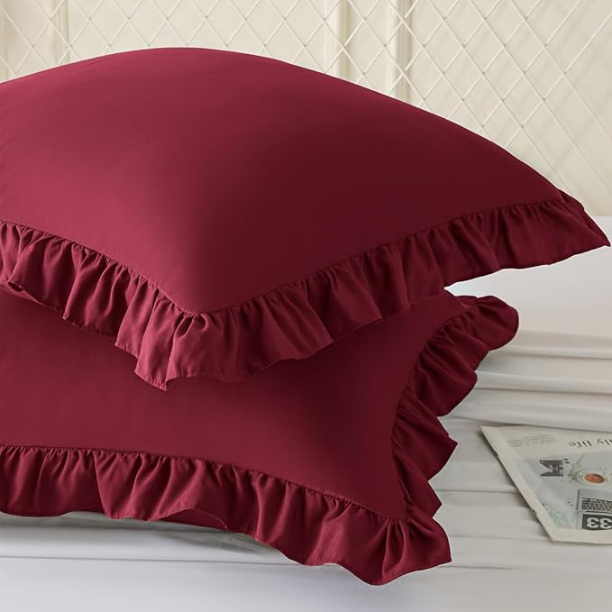 KKJIAF Ruffle Pillow Cases 26x26 Inches, Burgundy Square Ruffled Pillow Covers Set of 2, Microfiber Wrinkle Resistant Pillow Shams with Envelope Closure for Sofa Bed Living Room