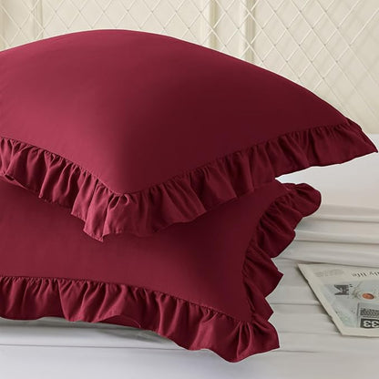 KKJIAF Ruffle Pillow Cases 26x26 Inches, Burgundy Square Ruffled Pillow Covers Set of 2, Microfiber Wrinkle Resistant Pillow Shams with Envelope Closure for Sofa Bed Living Room
