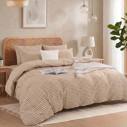 NEXHOME PRO Tan Gingham Duvet Cover Full, 100% Washed Cotton Like Linen Feel Organic Natural Bedding Set 3 Piece Brown Vintage Plaid Checkered Comforter Cover Set (No Comforter) 8090