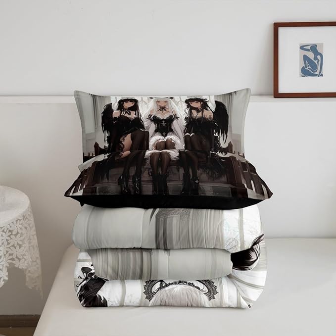 Erosebridal Japanese Anime King Size Bedding Set, Anime Girl Comforter Set Kawaii Japanese Style Duvet Insert Cartoon Japan Animation Quilt for Boys Youth Teens Adult Women Bedroom Decor