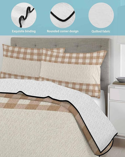 Quilts King Size, Retro Brown Soft Comforter Bedding Set for Bed, Farmhouse Buffalo Plaid Vintage Beige Lightweight Quilted Bedspread with Pillow Cover(2 Pieces) for All Season, 96x106 Inch