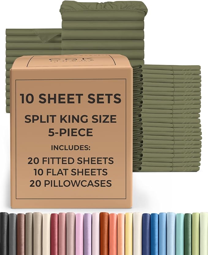 Bulk Case Pack of 10 Sheet Sets - (10) Complete Split King Size Sheet Sets with Deep Pockets - Wholesale Bulk Bedding for Hotels, Spas & Airbnbs - Breathable & Wrinkle Free - (Split King, Sage Green)