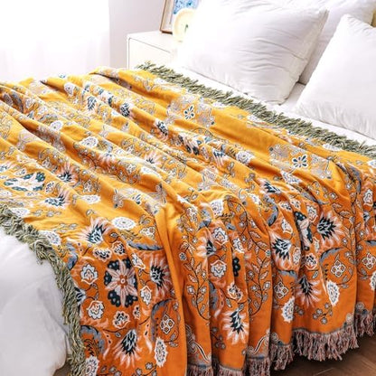 VANJOROY Boho Throw Blanket, 100% Cotton Soft Sofa Bed Queen Throw-Floral Farmhouse Decor Blanket, Reversible Bohemian Yellow Throw for Chair Couch Quilt and Gift, 80" x 90"