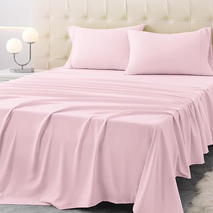 Twin Size Bed Sheet Set - 3 Piece Soft Microfiber Sheets with Deep Pockets, Cooling Technology, and Wrinkle-Free Pillowcase. Hotel-Quality, Durable Bedding, Light Pink