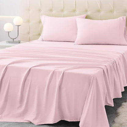 King Size Bed Sheet Set - 4 Piece Soft Microfiber Sheets with Deep Pockets, Cooling Technology, and Wrinkle-Free Pillowcase. Hotel-Quality, Durable Bedding, Light Pink