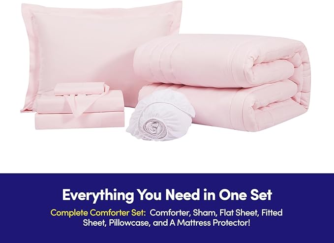 Twin Size Comforter Set Quilted Stripe Bedding Bundle – Comforter, Mattress Protector, Sheets with Pockets on the Side & Built-in Corner Strap – Fitted Sheet Media Pocket for Devices, Pale Pink
