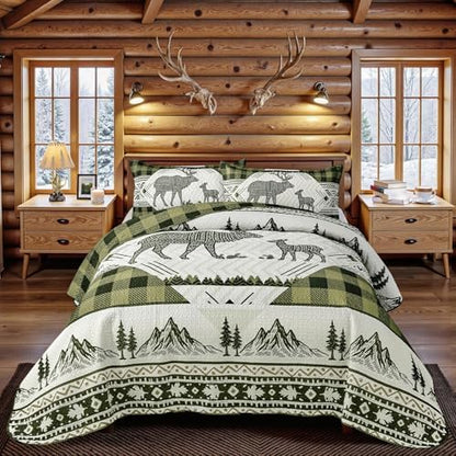 3 Piece Cabin King Size Quilt Sets Farmhouse Rustic Reversible Microfiber Soft Lightweight Bedspread Comforter with 2 Shams Patchwork Country Lodge Bedding Quilts Set for All Season, 106''x96'', Green