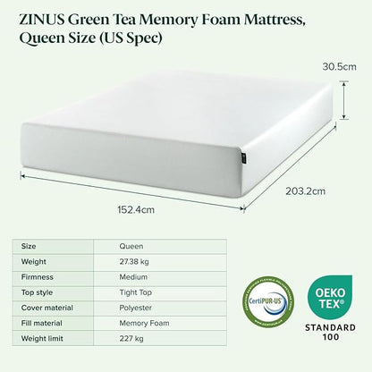 Zinus 12 Inch King Green Tea Memory Foam Mattress [New Version], Fiberglass Free, Medium Firm Feel, Zoned Pressure Relief, Certified Safe Foams & Fabric, Mattress in A Box
