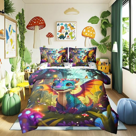 Cartoon Dragon Bed in a Bag Comforter Set,Western Magical Animal King Size 7 Pieces for Kids,Cute Jungle Mushroom Botanical Bedding Set with Comforter, Sheet Set, Pillowcases, Pillow Covers