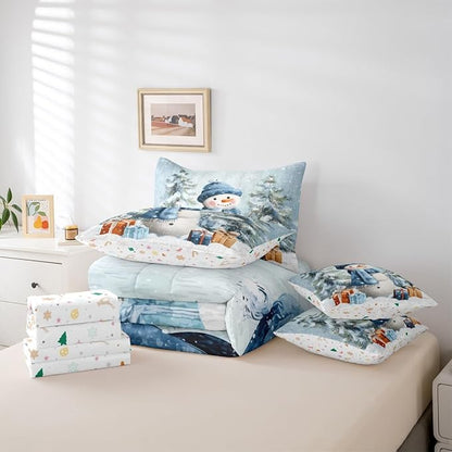 Castle Fairy Xmas Snowman Blue Comforter Set Full Size 7 Pcs,Winter Outdoor Pine Tree Bedding Set for Girls Teens Bedroom Decor,Cartoon Bed in a Bag with Comforter,Sheets and Pillow Cases