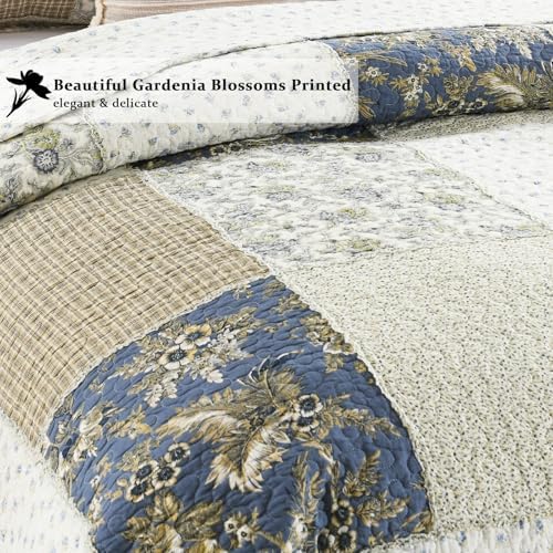 Yvooxny Quilt Set King Size Reversible Country Farmhouse Floral Real Patchwork Quilted Bedspread 3-Piece Quilt Set with Pillowcases with Ruffles for All Seasons, 96 x 108 Inches