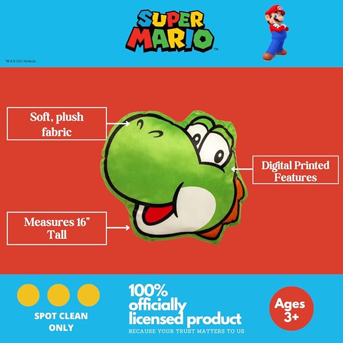 Nintendo Super Mario Yoshi Gaming Bedding Super Soft Plush Decorative Pillow, One Size, (Officially Licensed Product) By Franco
