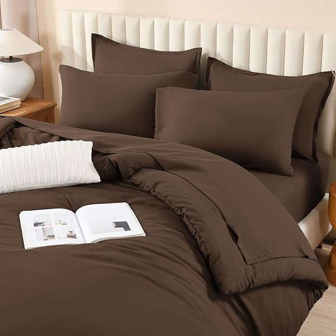 Litanika Full Size Comforter Sets Brown - 7 Pieces Bed in a Bag Full Bedding Comforter Sets, Solid Lightweight Bed Set with Comforter, Sheets, Pillowcases & Shams