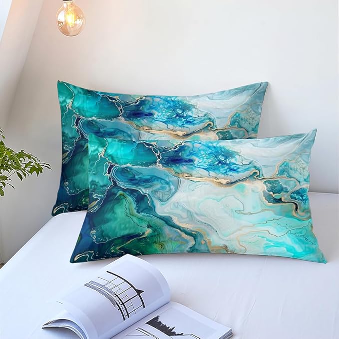 Turquoise Marble Comforter Set Queen Size Teal Blue Abstract Bedding Set Women Men Modern Aesthetic Comforters 3 Piece Gold Marbling Art Bed Sets Soft Lightweight Microfiber Comforter Sets