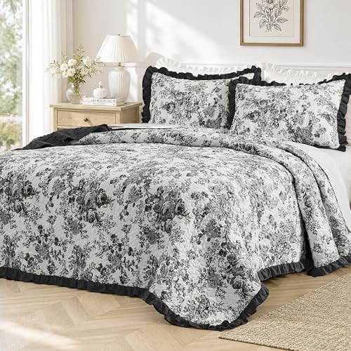 Wonderful Black Floral Cotton Quilt Set King Size, 3-Piece Shabby Chic French Country Bedding with Ruffle Fringe, Soft & Breathable Bedspread, All Season Coverlet for Bedroom Decor