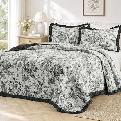Wonderful Black Floral Cotton Quilt Set King Size, 3-Piece Shabby Chic French Country Bedding with Ruffle Fringe, Soft & Breathable Bedspread, All Season Coverlet for Bedroom Decor