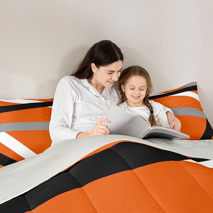 Erosebridal Orange Gray Black Striped Queen Comforter Set for Adult Women Men Modern Abstract Bedding Set Geometric Lines Bed Set Aesthetic Boho Quilt Set