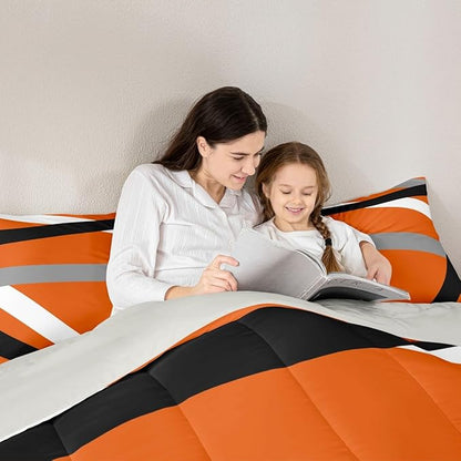 Erosebridal Orange Gray Black Striped Queen Comforter Set for Adult Women Men Modern Abstract Bedding Set Geometric Lines Bed Set Aesthetic Boho Quilt Set