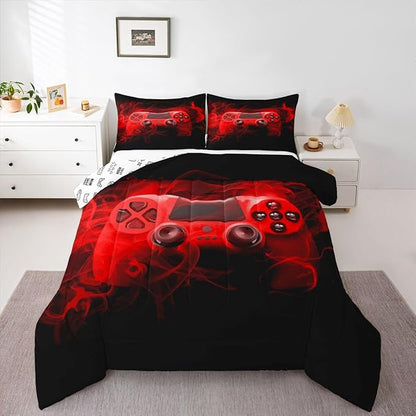 Feelyou Kids Gaming Comforter Set King Size Gamer Bedroom Decor for Boys Girls Teens Video Game Controller Bedding Set Youth Gaming Console Comforter Red Black with 2 Pillow Case