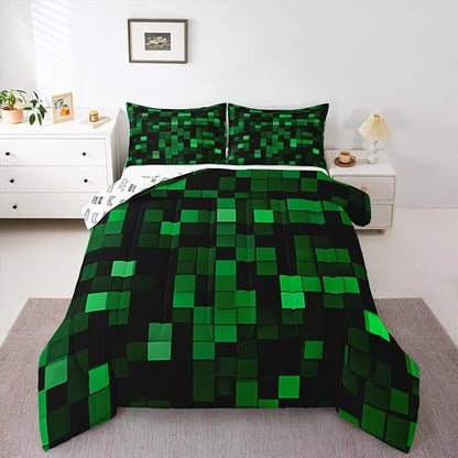 Pixelated Miners Game Kids Comforter Set Full Size,Geometric Check Video Games Bedding Set,Boys Room Decor,Gamepad Camo Grid Quilt Comforter,Black Green Duvet Set Bedroom Quilt Set,2 Pillowcases | Geometric Check, Video Games Bedding, Gamepad Camo Grid...
