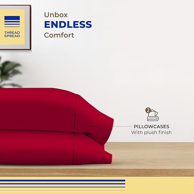 Thread Spread 100% Egyptian Cotton Pillow Cases Queen Size Set of 2 - Luxury 600 Series Bliss Collection Queen Pillow Cases (Red), Soft Cooling Hotel Cotton Pillowcases, Sateen Finish