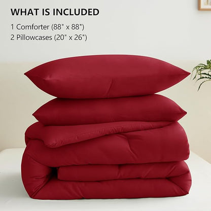 CozyLux Queen Comforter Set Dark Red, 3 Pieces Solid Comforters Queen Size Breathable Quilted Bedding Sets, Luxury Soft Lightweight Bed Set with Down Alternative Comforter and 2 Pillowcases All Season