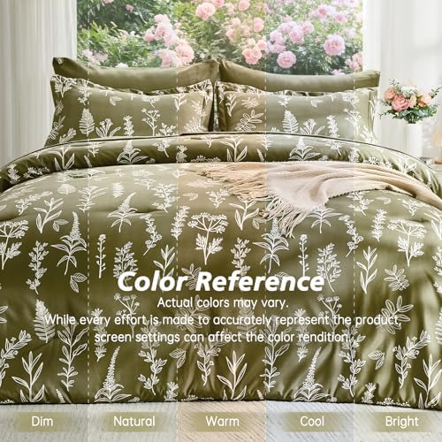 MUXHOMO Olive Green King Comforter Set, Elegant Floral Print Bed in a Bag 7 Pieces, Ultra Soft & Breathable Reversible Botanical Pattern Bedding Set with Comforter, Sheets, Pillowcases, and Shams