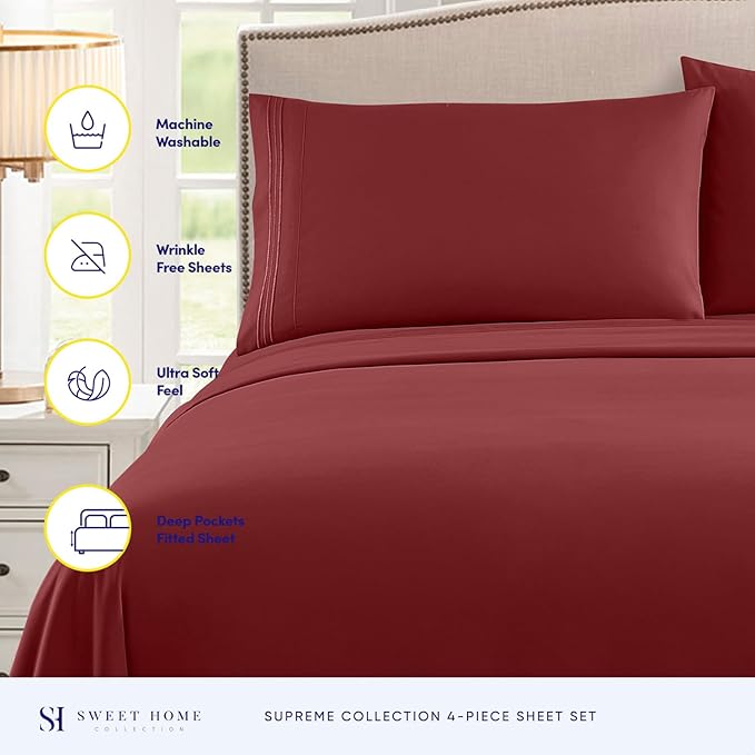 Twin Sheets - Breathable Luxury Sheets with Full Elastic & Secure Corner Straps Built In - 1800 Supreme Collection Extra Soft Deep Pocket Bedding Set, Sheet Set, Twin, Burgundy