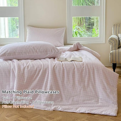 NSNLGSGC Pink Gingham Cotton Comforter Set Queen, 100% Washed Cotton Plaid Checked Comforter Bedding, 3 Pieces Vintage Farmhouse Grid Bedding Set(Pink Gingham, Queen)