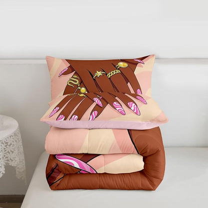 Erosebridal Romantic Makeup Themed Comforter Set Full Size for Girls Fashion Girlish Quilt Black Girls Bedding Set for Kids Teens Adult Women Bedroom Afro Vogue Princess Magical Down Comforter
