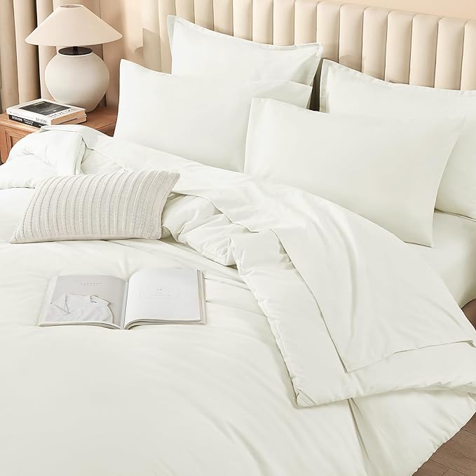 Litanika Queen Comforter Set Ivory - 7 Pieces Bed in a Bag Queen Bedding Comforter Sets, Solid Lightweight Bed Set with Comforter, Sheets, Pillowcases & Shams