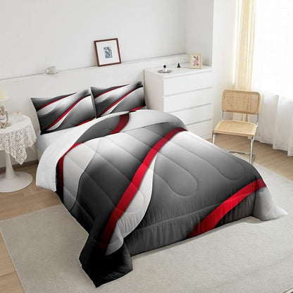 Castle Fairy Modern Gray Red Black Comforter Set Twin Size Abstract Stripes Quilt Set 2pcs for Kids Youth Men Women Bedroom Decor 3D Stripes Bedding Set Gradient Simple Duvet Insert,1 Pillowcase