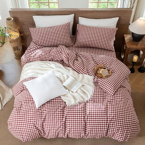 MooMee Gingham Duvet Cover Set 100% Washed Cotton Linen Like