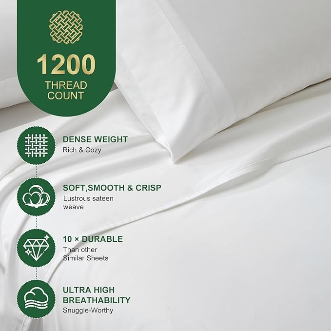 Ivellow 100% Egyptian Cotton Sheets King Size Set - 1200 Thread Count 6 PC 18" Deep Pocket King Sheets，Luxury Cotton Bed Sheet Soft Breathable Cooling White Sheet Sets Durable Hotel Quality Bedding