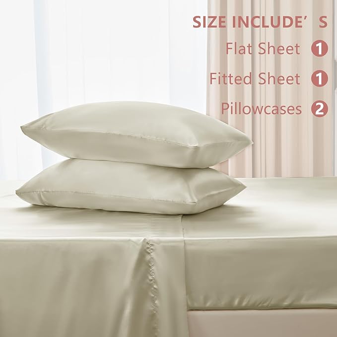 CozyLux Satin Sheets Full Size Sheets - 4 Piece Silky Full Size Bed Sheets, Luxury Cream Full Bed Set with Smooth and Soft Microfiber, Includes 1 Fitted Sheet, 1 Flat Sheet and 2 Pillowcases