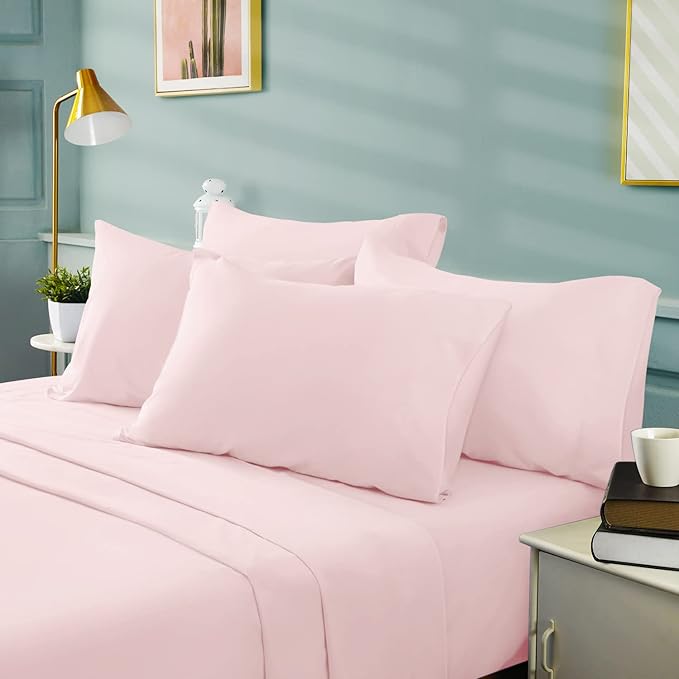 BYSURE 6 Pieces Bed Sheets Set(Full, Light Pink) - Super Soft 1800 Thread Count 100% Microfiber Sheets with Deep Pockets, Wrinkle & Fade Resistant