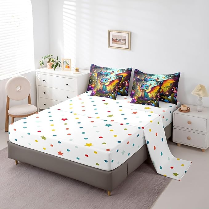 Cartoon Dragon Bed in a Bag Comforter Set,Western Magical Animal Full Size 7 Pieces for Kids,Cute Jungle Mushroom Botanical Bedding Set with Comforter, Sheet Set, Pillowcases, Pillow Covers