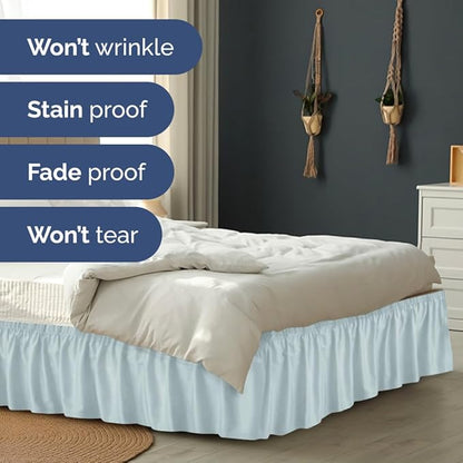 Wrap Around Dust Ruffle Bed Skirt - Ice Blue - for Queen Size Beds w/ 12 Inch Drop - Easy Fit Elastic Strap - Adjustable Pleated Bedskirt w/Brushed Fabric - Wrinkle Free - Women, Men, Kids & Teens