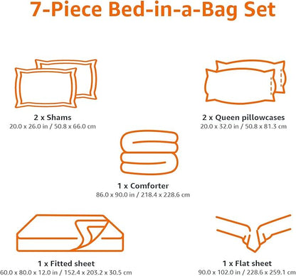 Amazon Basics Full/Queen Comforter Set with Sheets, 7-Piece Blue Stripe Bedding, Lightweight Microfiber Bed-in-a-Bag, Striped